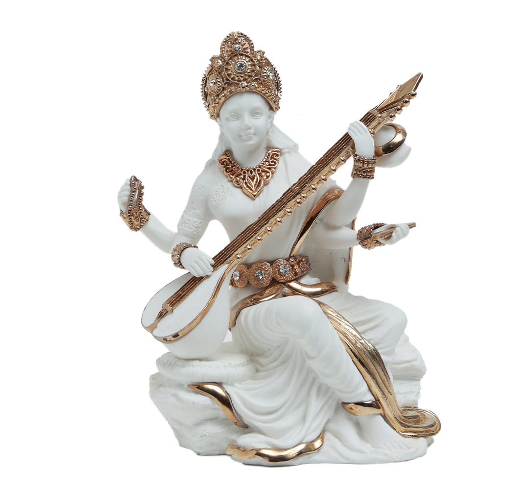 Saraswati Idol - White in Resin and Gold Plated