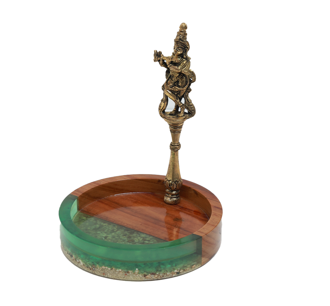 Krishna Harit Platter - Brass . Wood and Resin