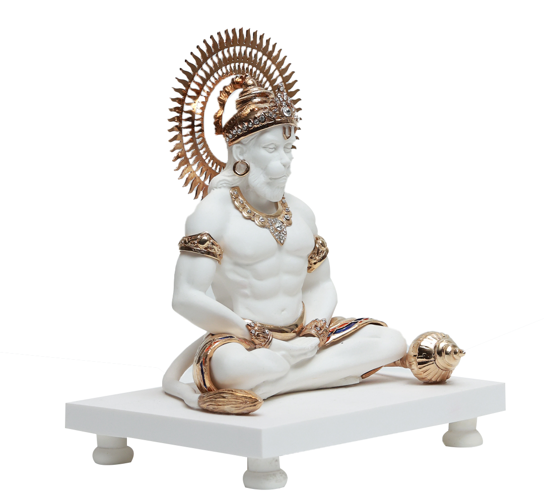 Meditating Hanuman Idol - White in Resin and Gold Plated
