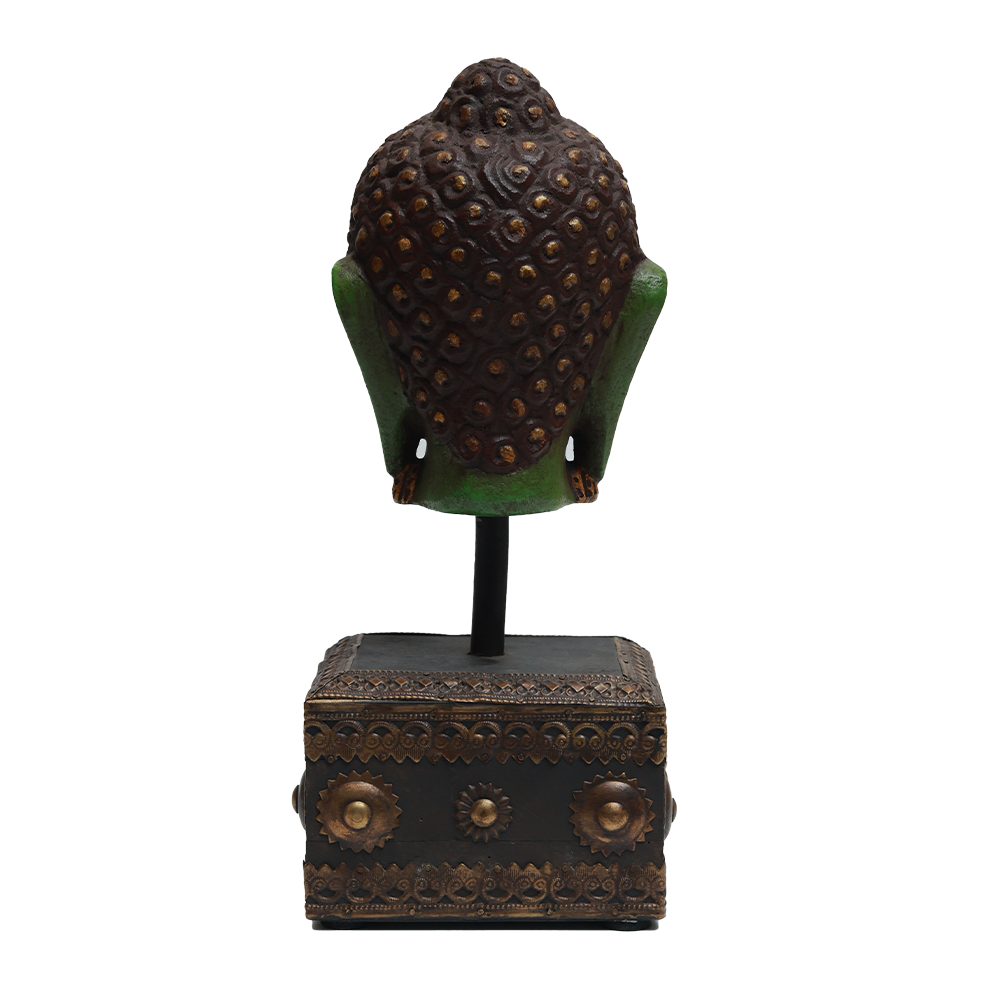 Serene Buddha Sculpture - Green in Metal and Wood