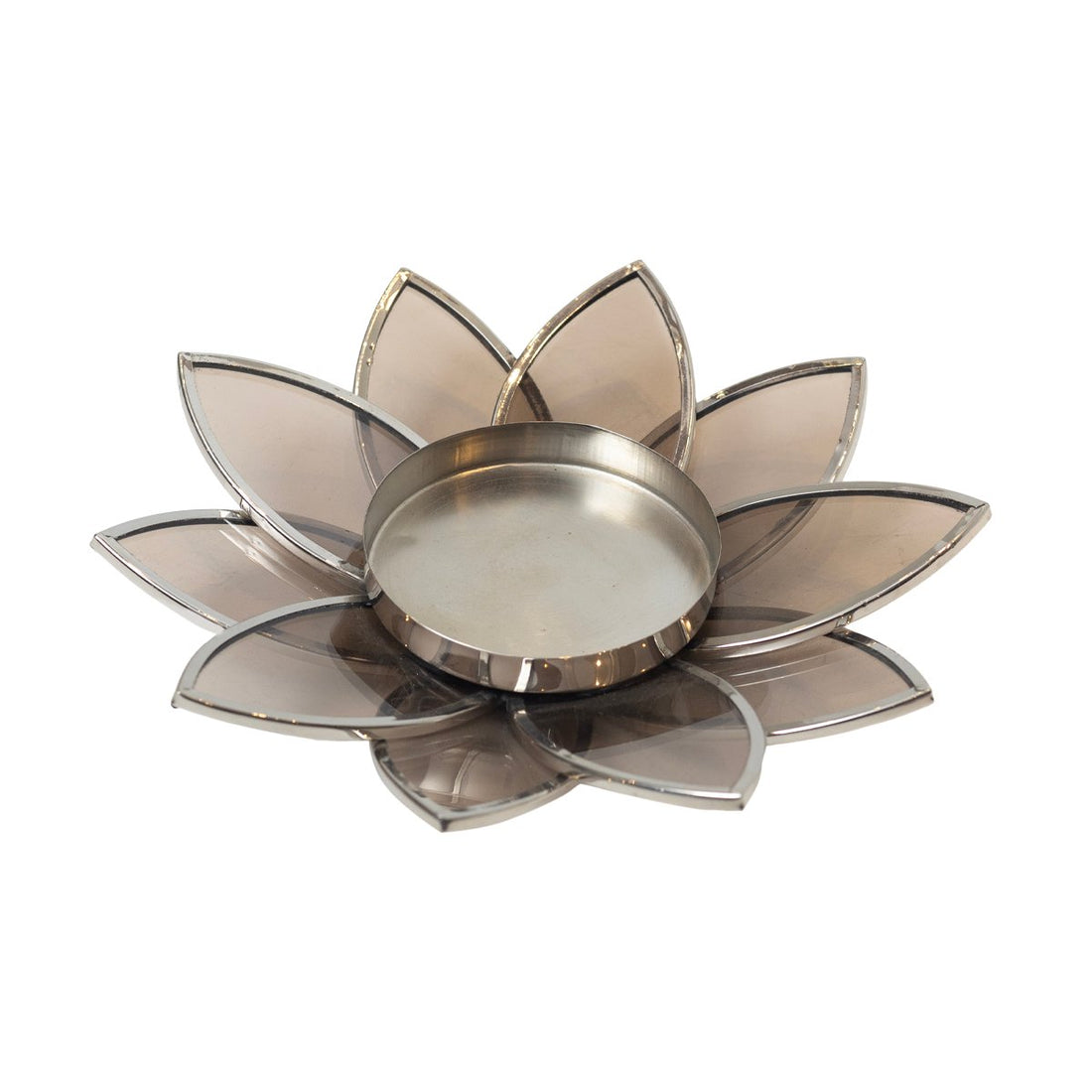 Lotus Shaped Glass Tea Light Holder - Large Silver in Metal