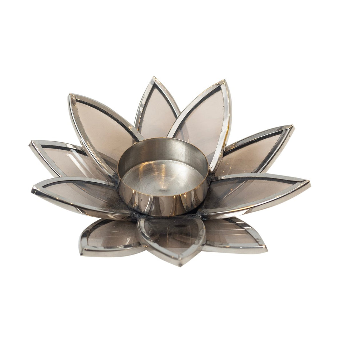 Lotus Shaped Glass Tea Light Holder - Small Silver in Metal