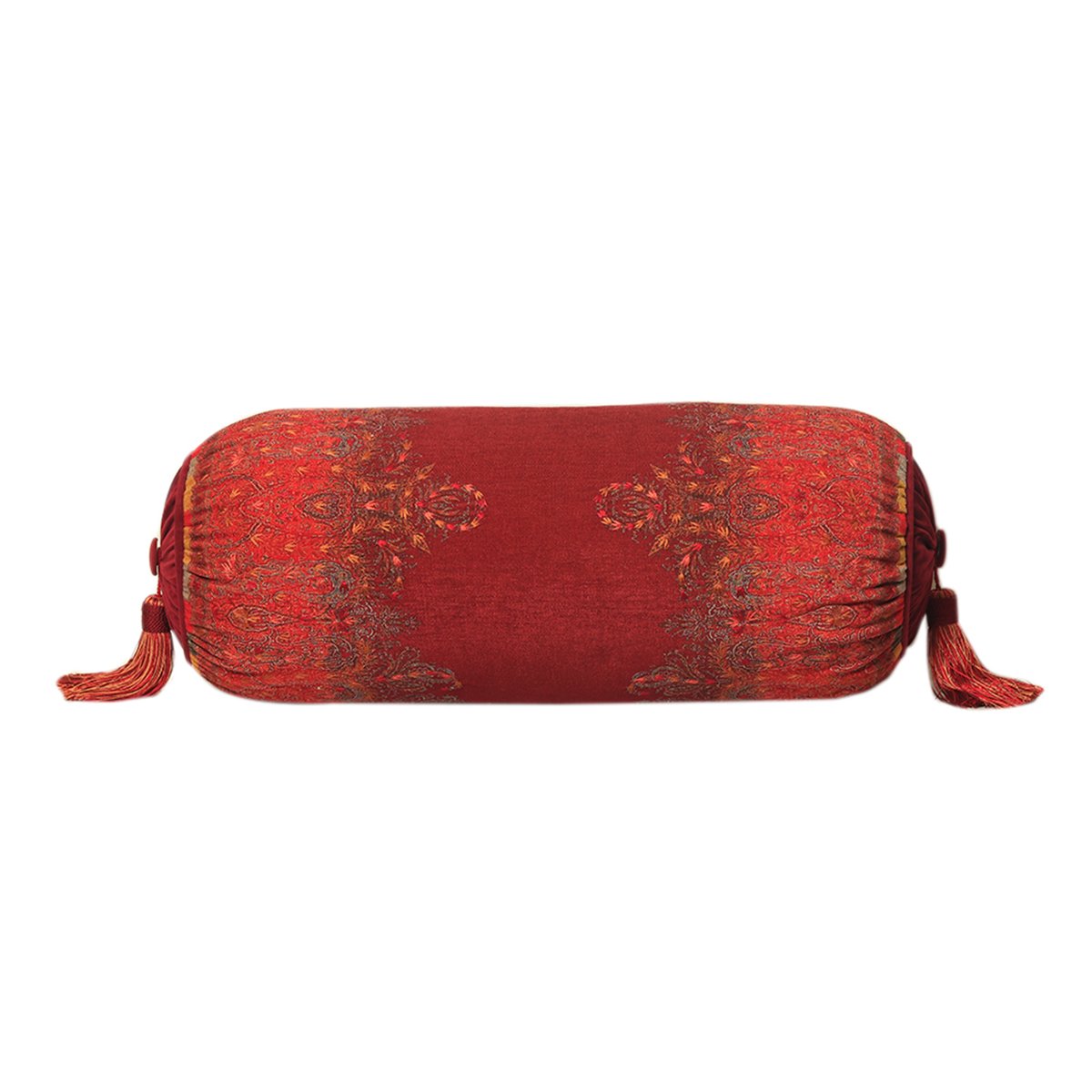Jamawar Bolster Cushion - Maroon in Shanil 28" X 10"