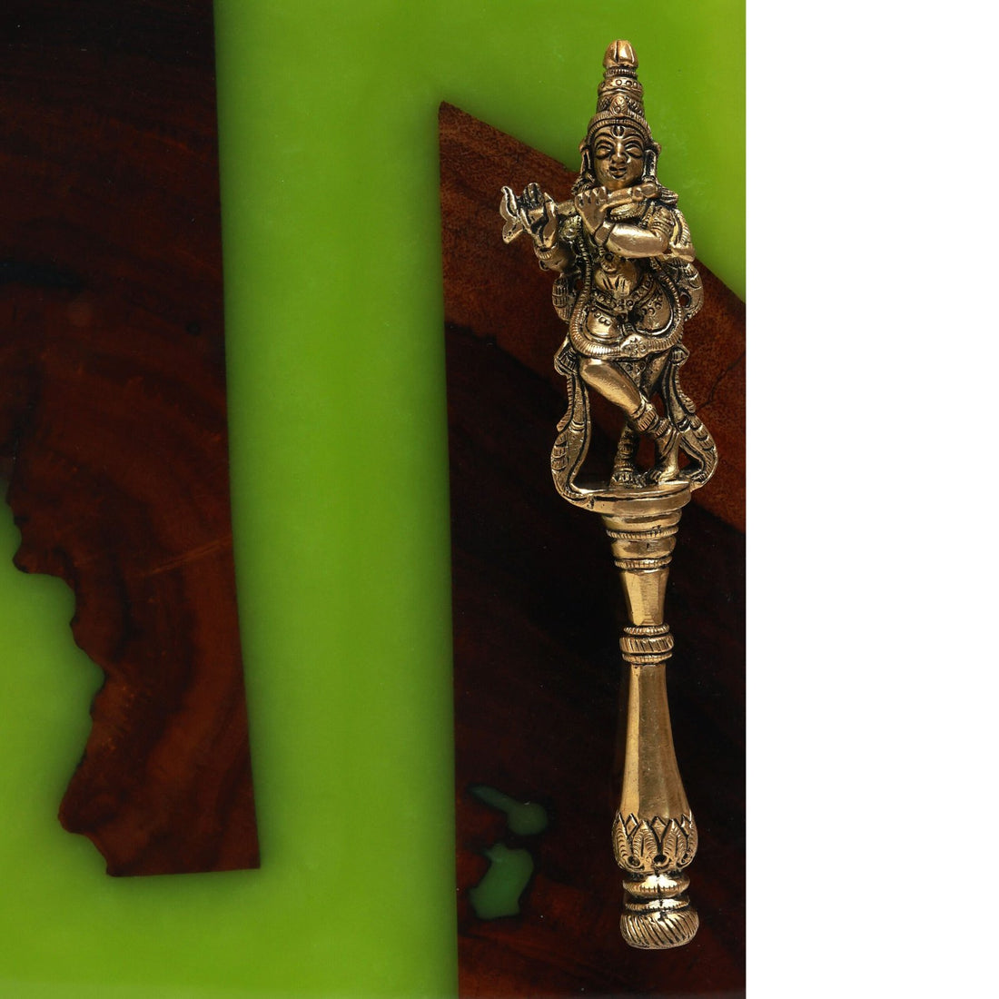 Krishna Harit Tray - Green in Wood , Brass and Resin