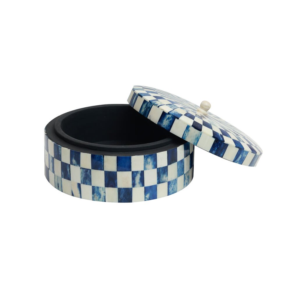 Chequered Box - Large Round Blue in Wood and Bone Inlay