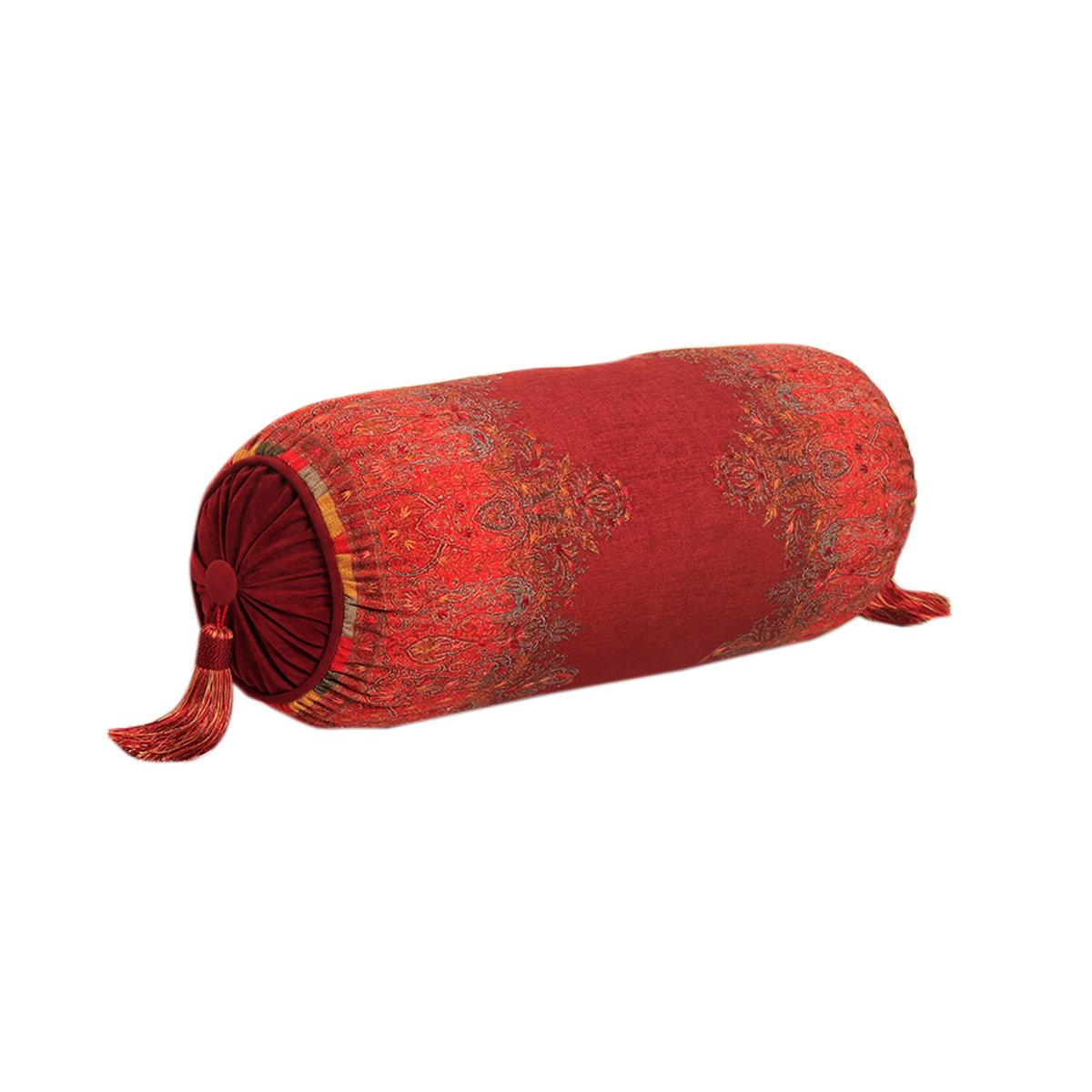 Jamawar Bolster Cushion - Maroon in Shanil 28" X 10"
