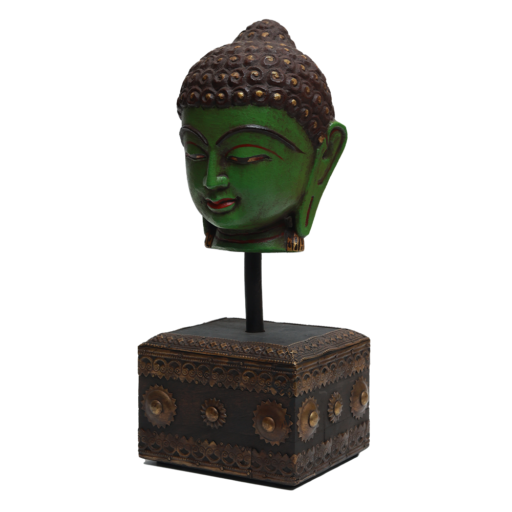Serene Buddha Sculpture - Green in Metal and Wood