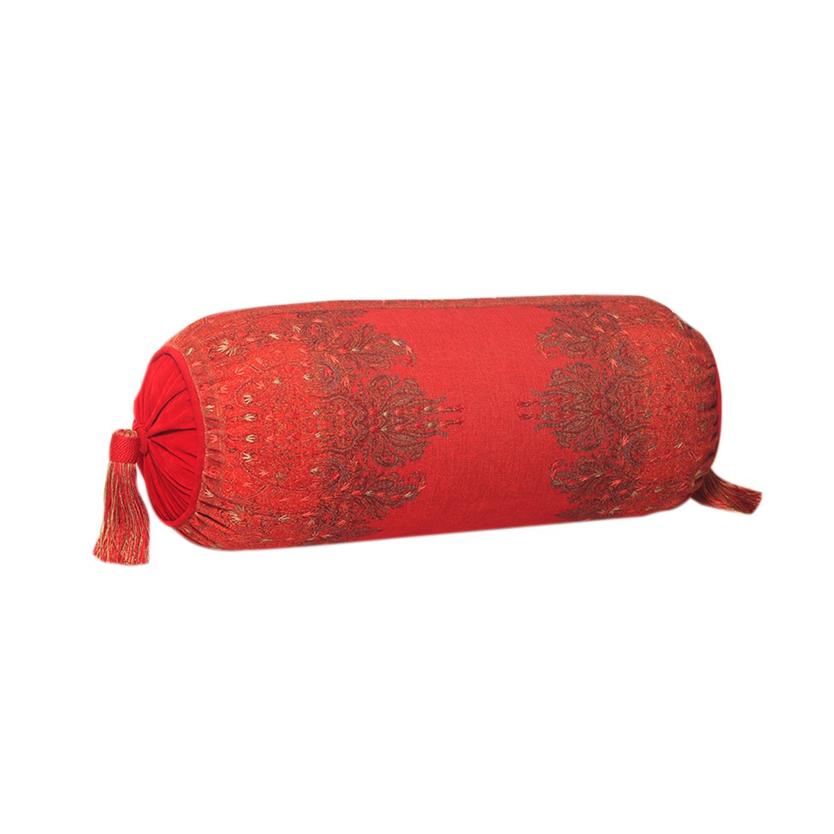 Jamawar Bolster Cushion - Red in Shanil 28" X 10"