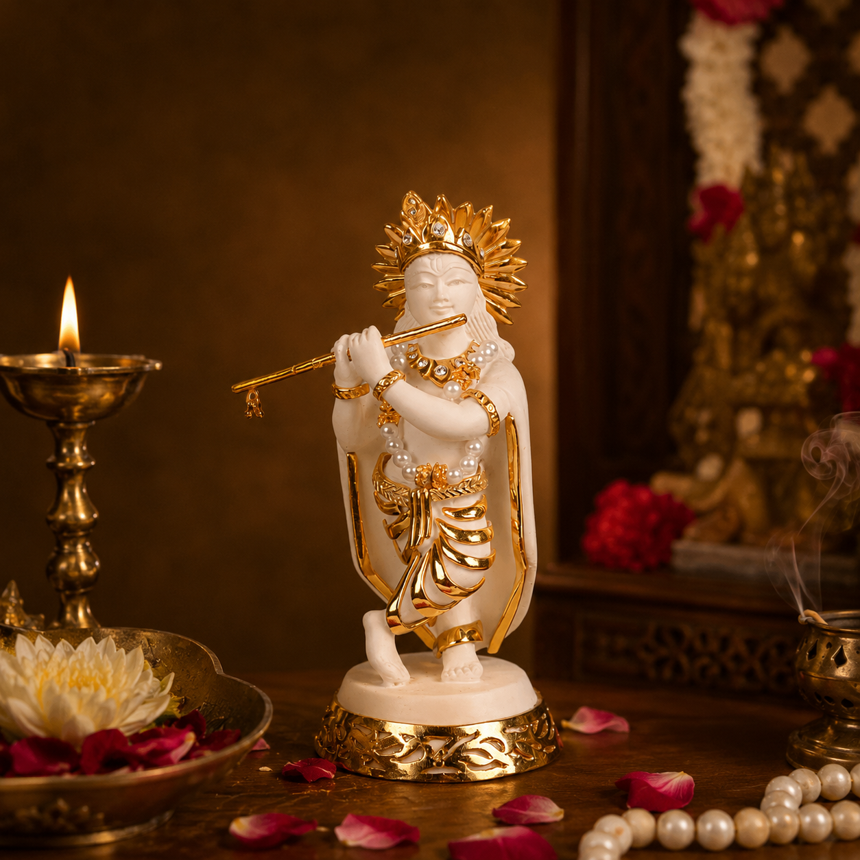 Krishna Idol - White in Resin and Gold Plated