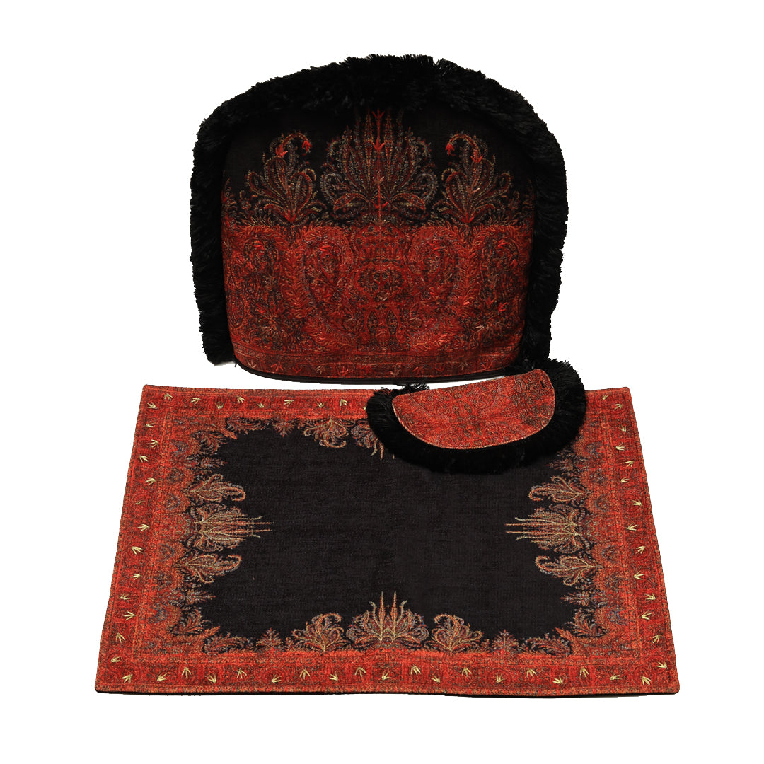 Jamawar Tea Cosy Set - Red and Black in Shanil