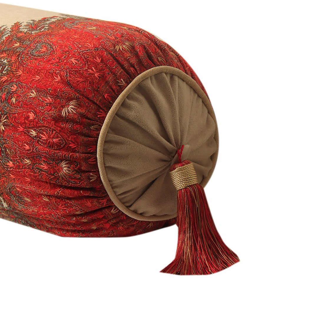 Jamawar Bolster Cushion - Beige in Shanil 28" X 10"