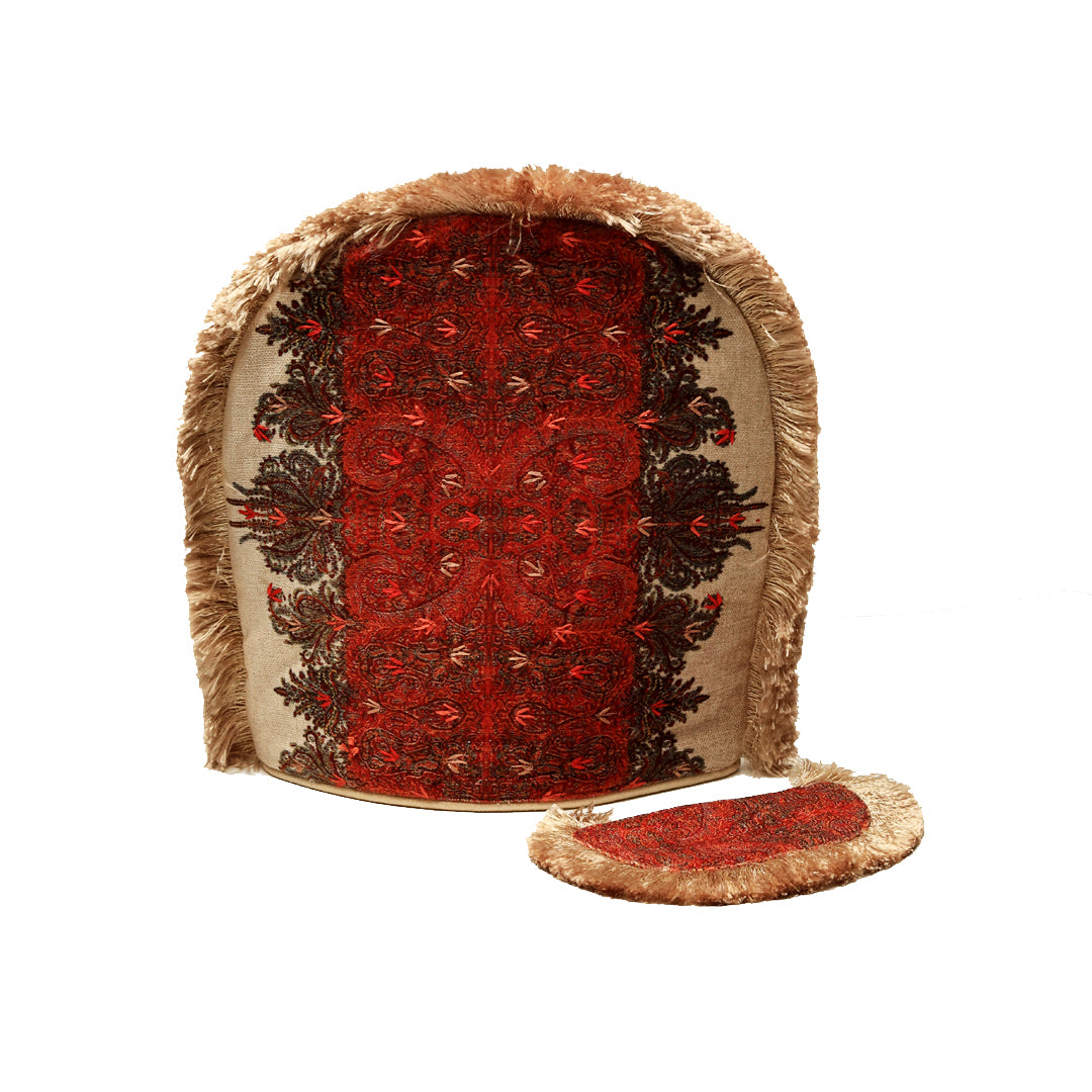 Jamawar Tea Cosy Set - Red and Beige in Shanil