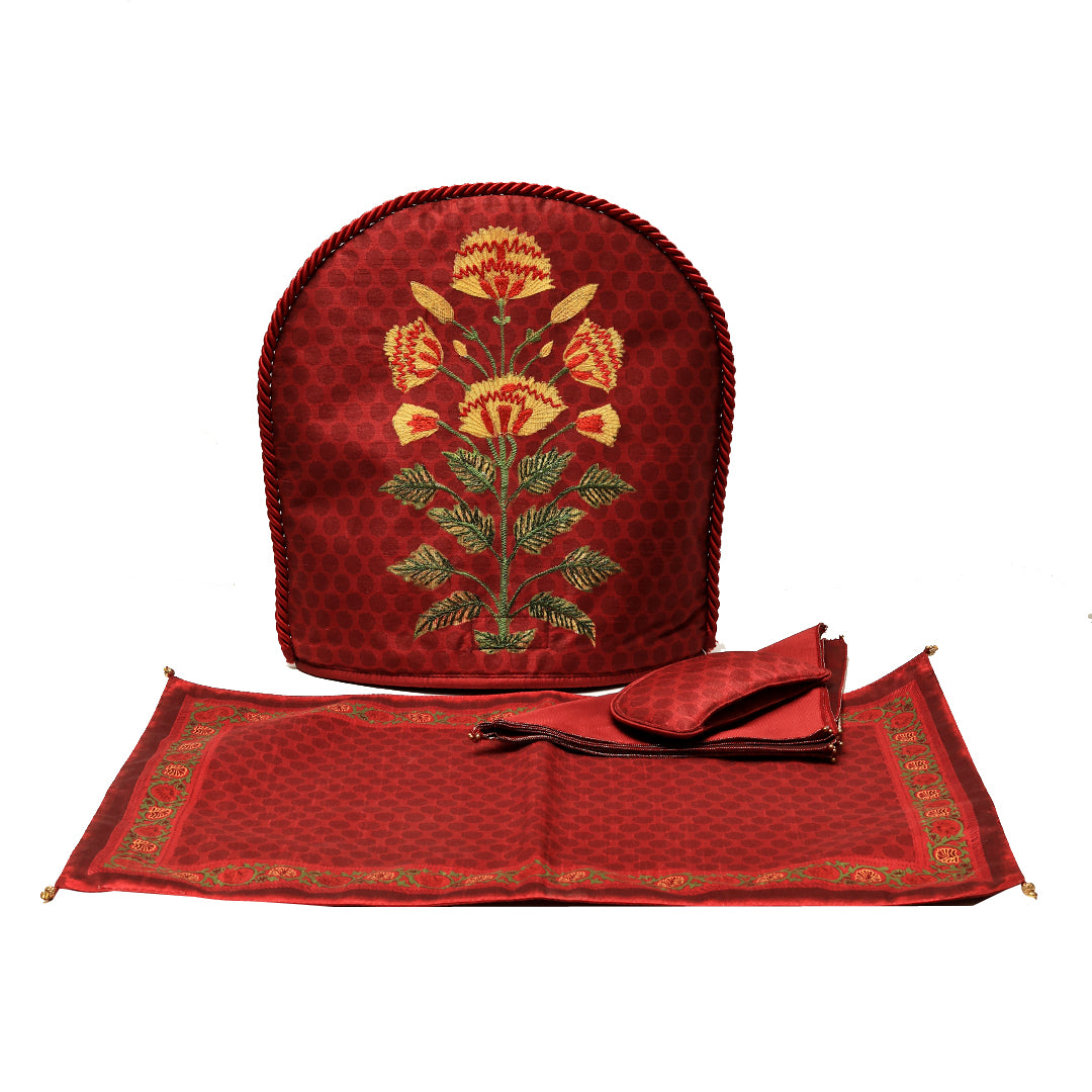 Mughal Tea Cozy Set - Red in Silk