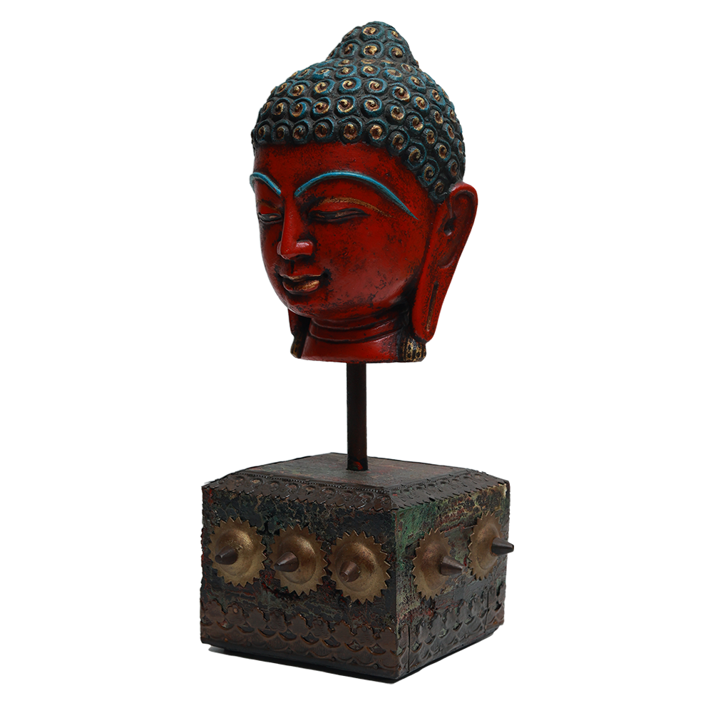 Serene Buddha Sculpture - Red in Metal and Wood