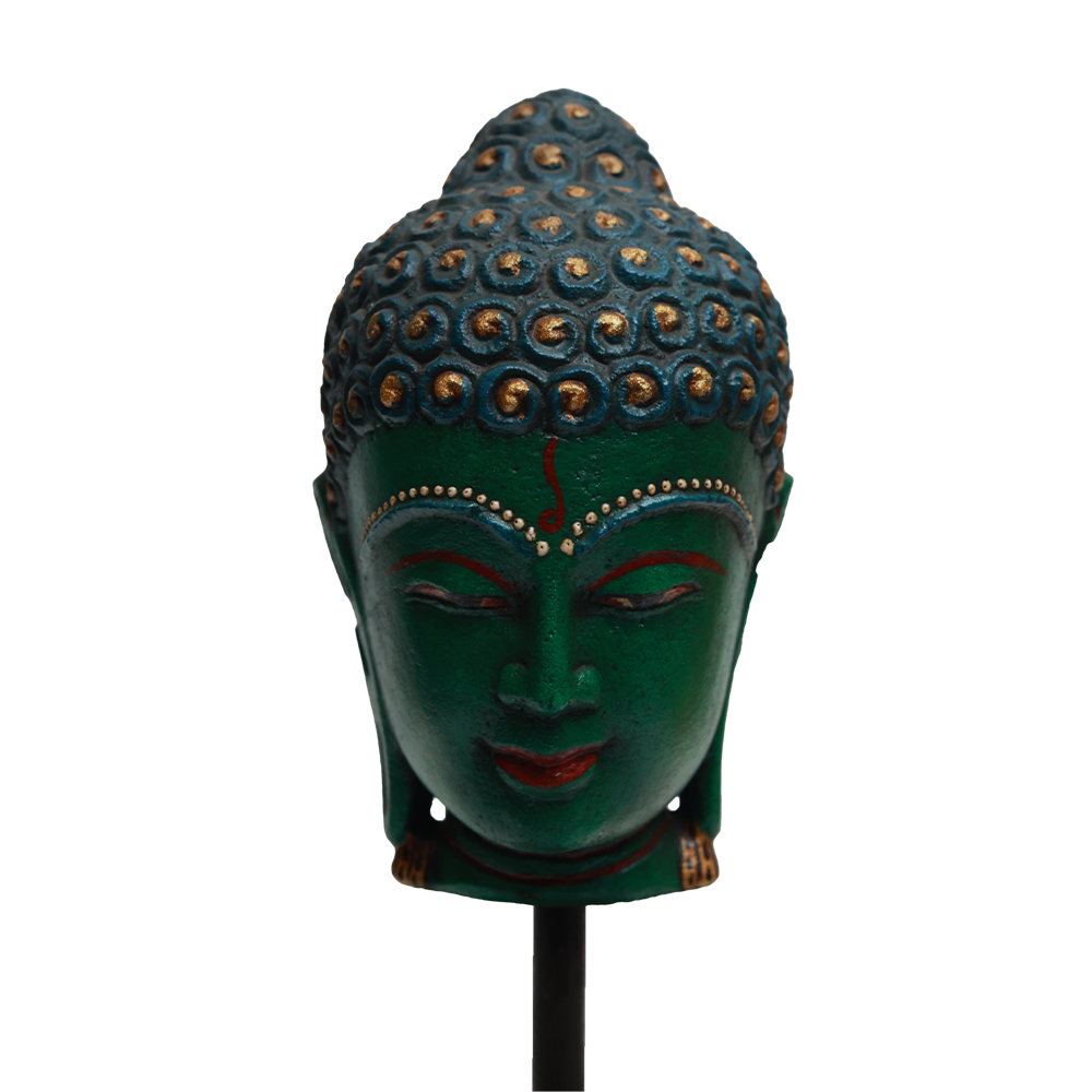 Serene Buddha Sculpture - Green in Metal and Wood