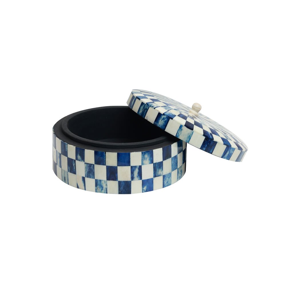 Chequered Box - Small Round Blue in Wood and Bone Inlay