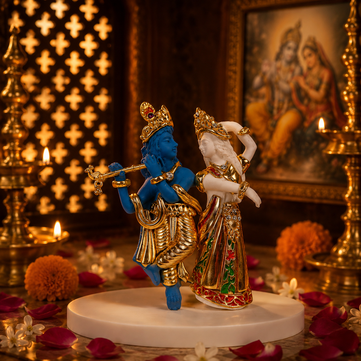 Radha Krishna Idol - White and Blue in Resin and Gold Plated