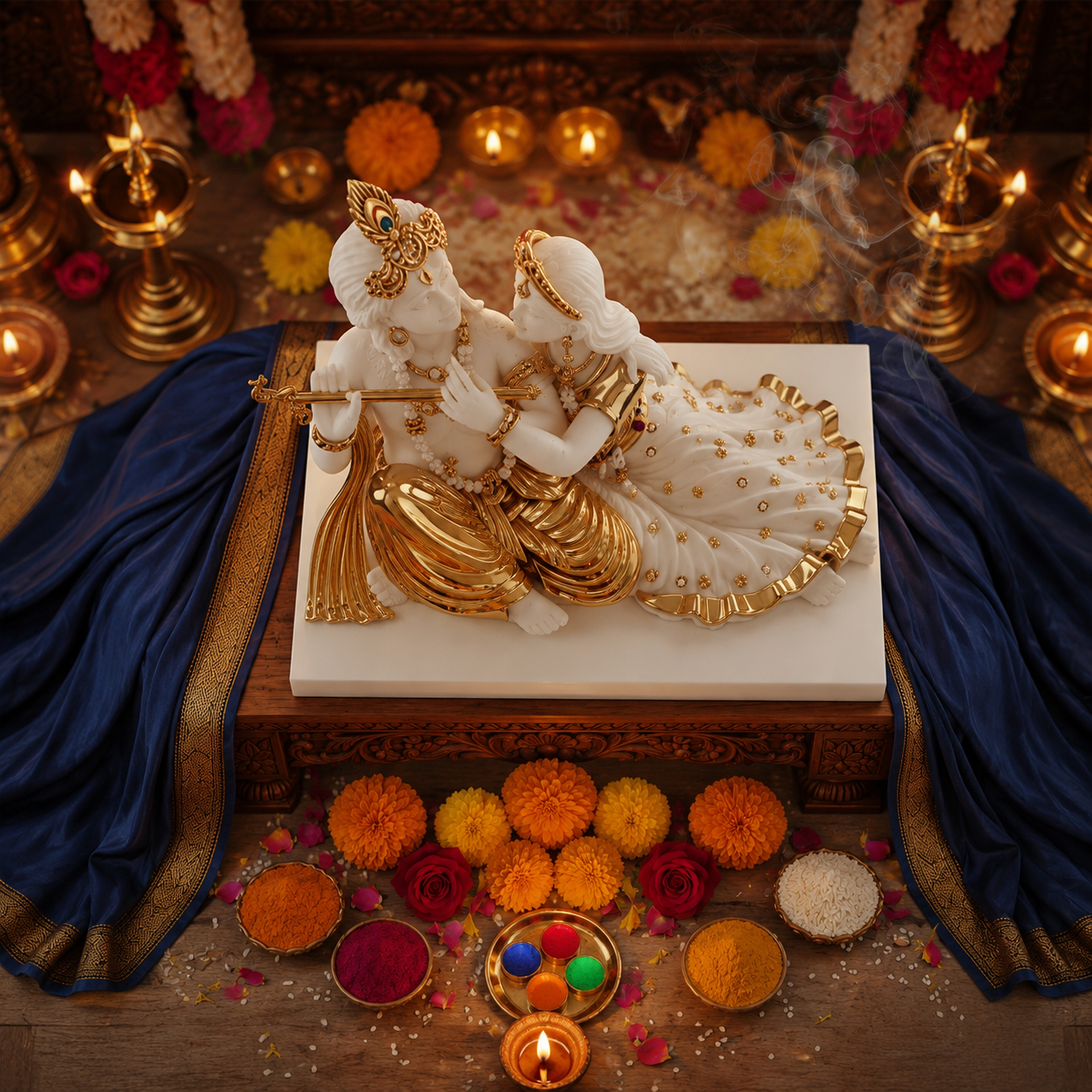 Krishna and Radha Idol - White in Resin and Gold Plated