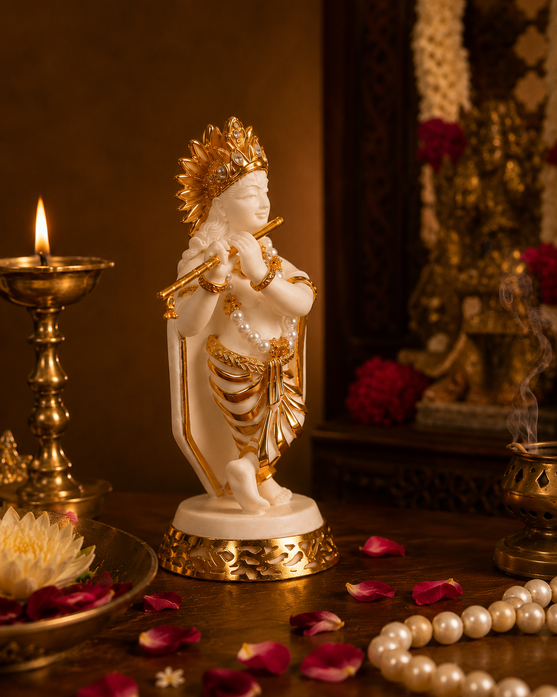 Krishna Idol - White in Resin and Gold Plated