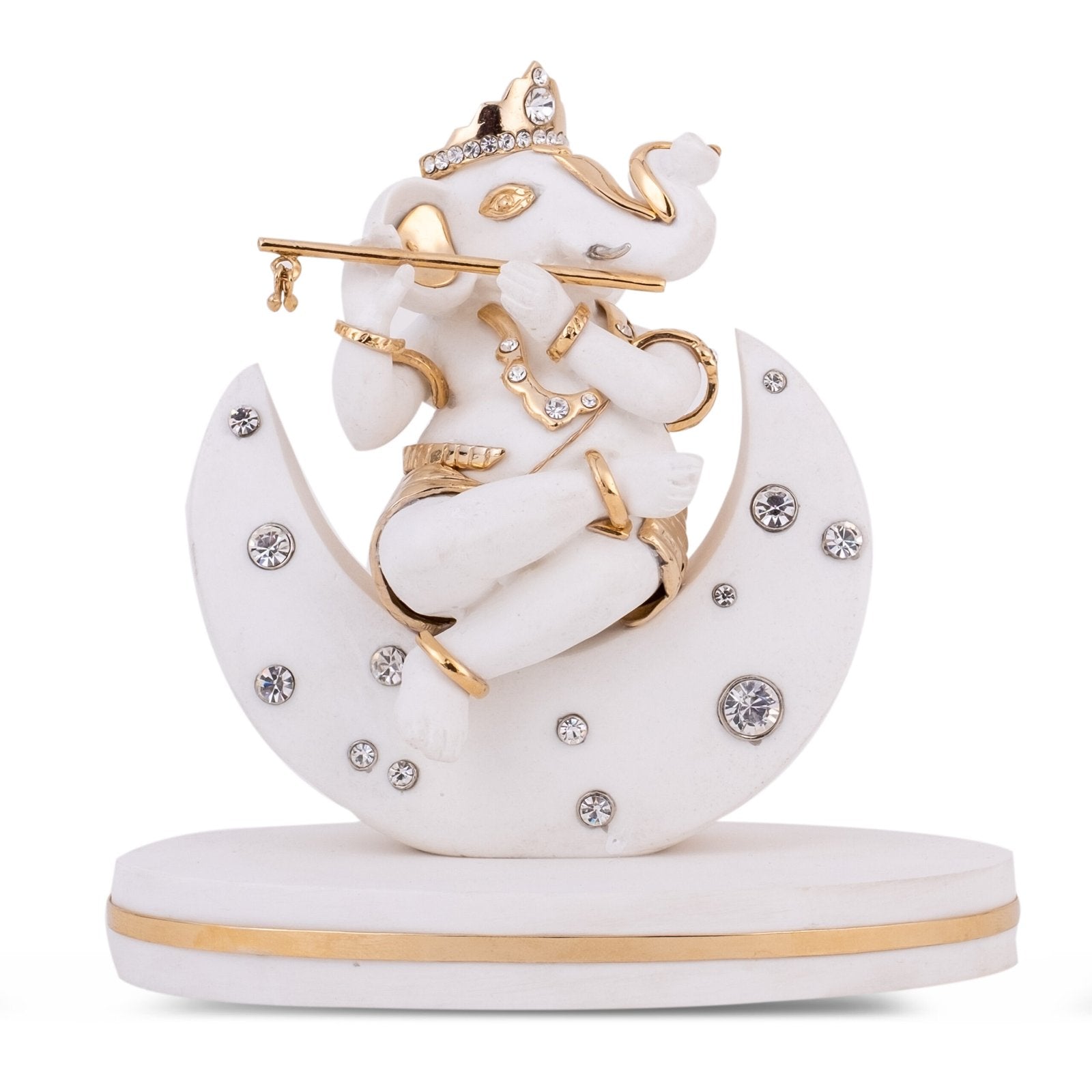 Ganesh Ji Sitting On The Moon Idol - White in Resin and Gold Plated