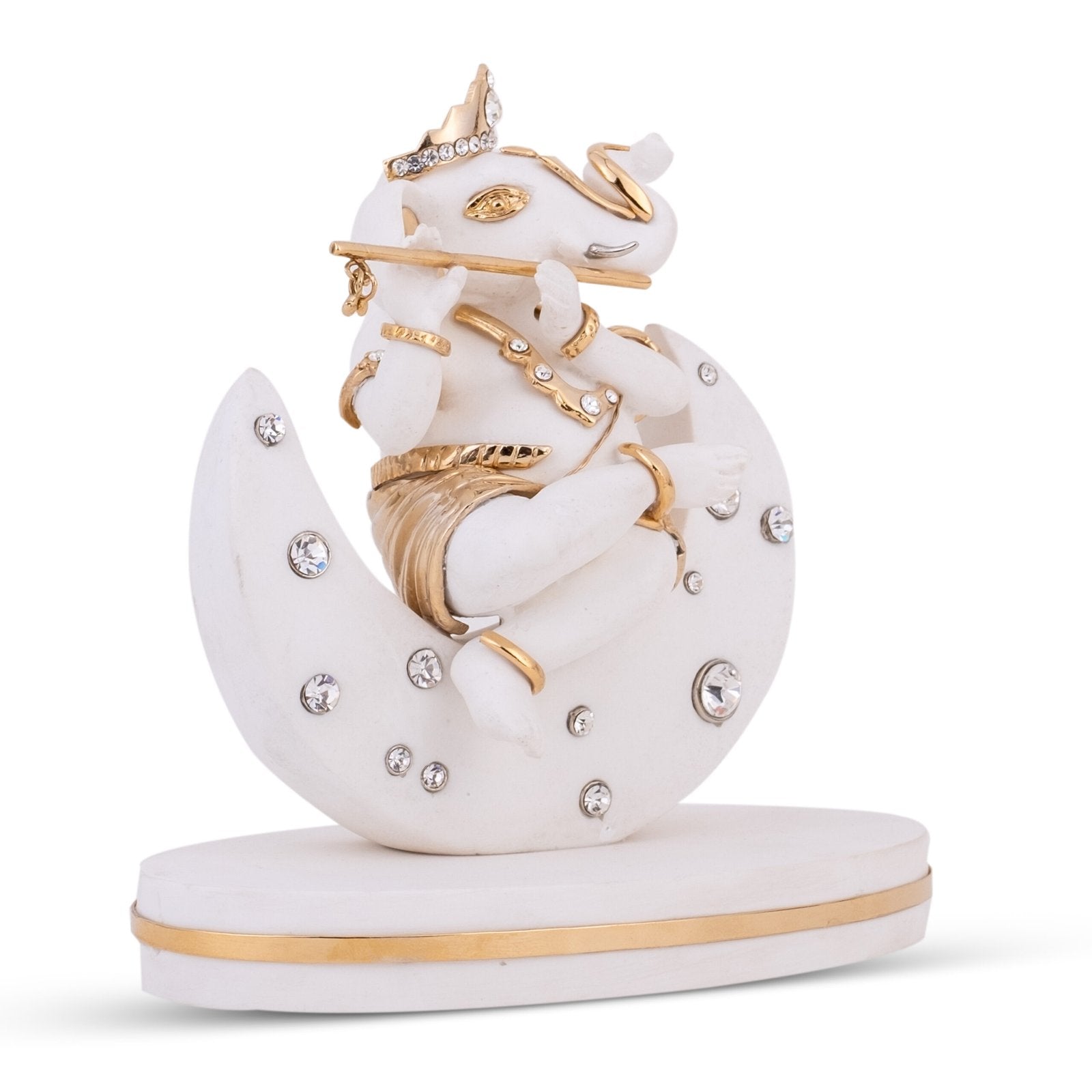 Ganesh Ji Sitting On The Moon Idol - White in Resin and Gold Plated
