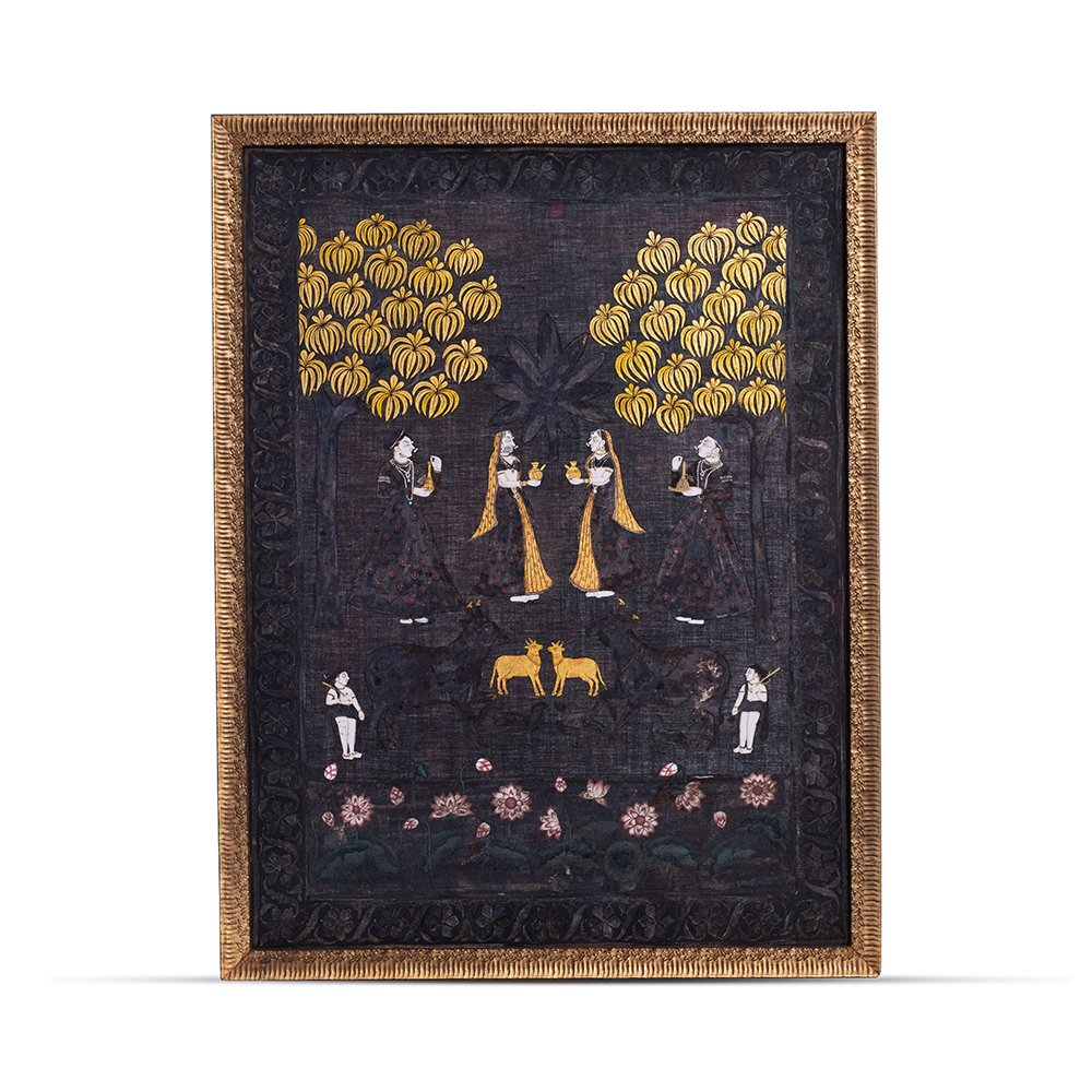 Pichwai - Black in Oil Color and Silk Fabric