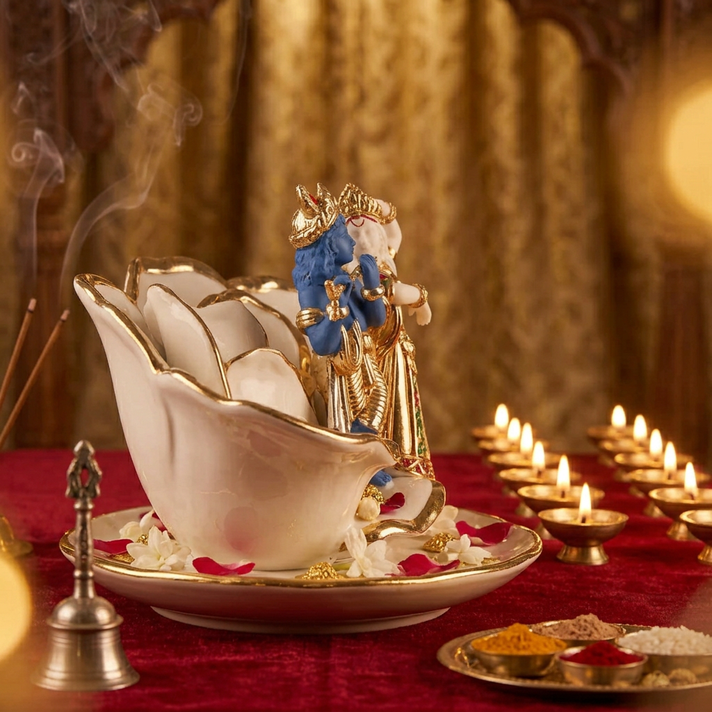Radha Krishna Dancing On A Rose Idol - White in Gold Plated and Resin