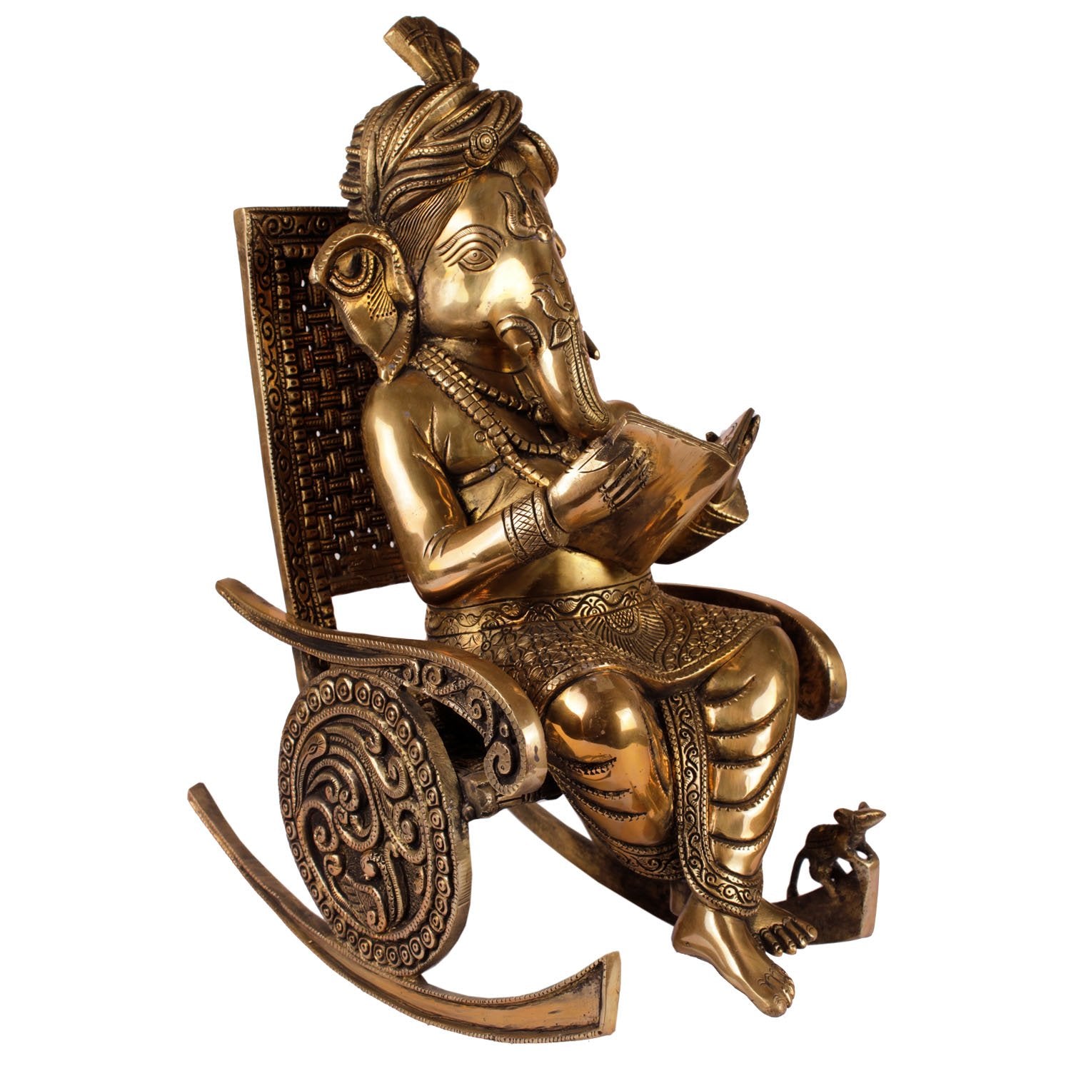 Reading Ganesh On A Rocking Chair - Brass