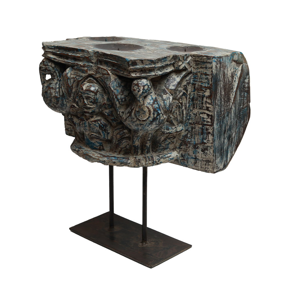 Nalanda Carved Candle Stand - Wood and Metal