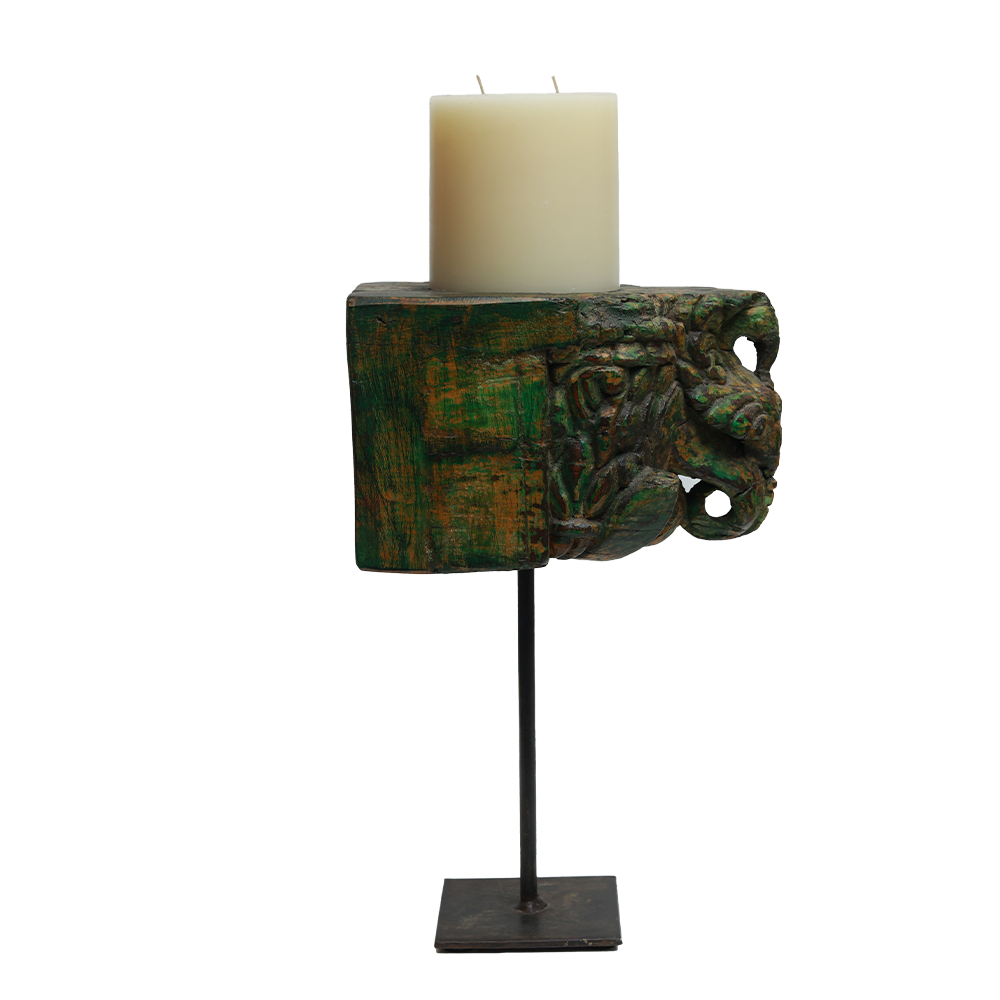 Nalanda Carved Candle Stand - Wood and Metal