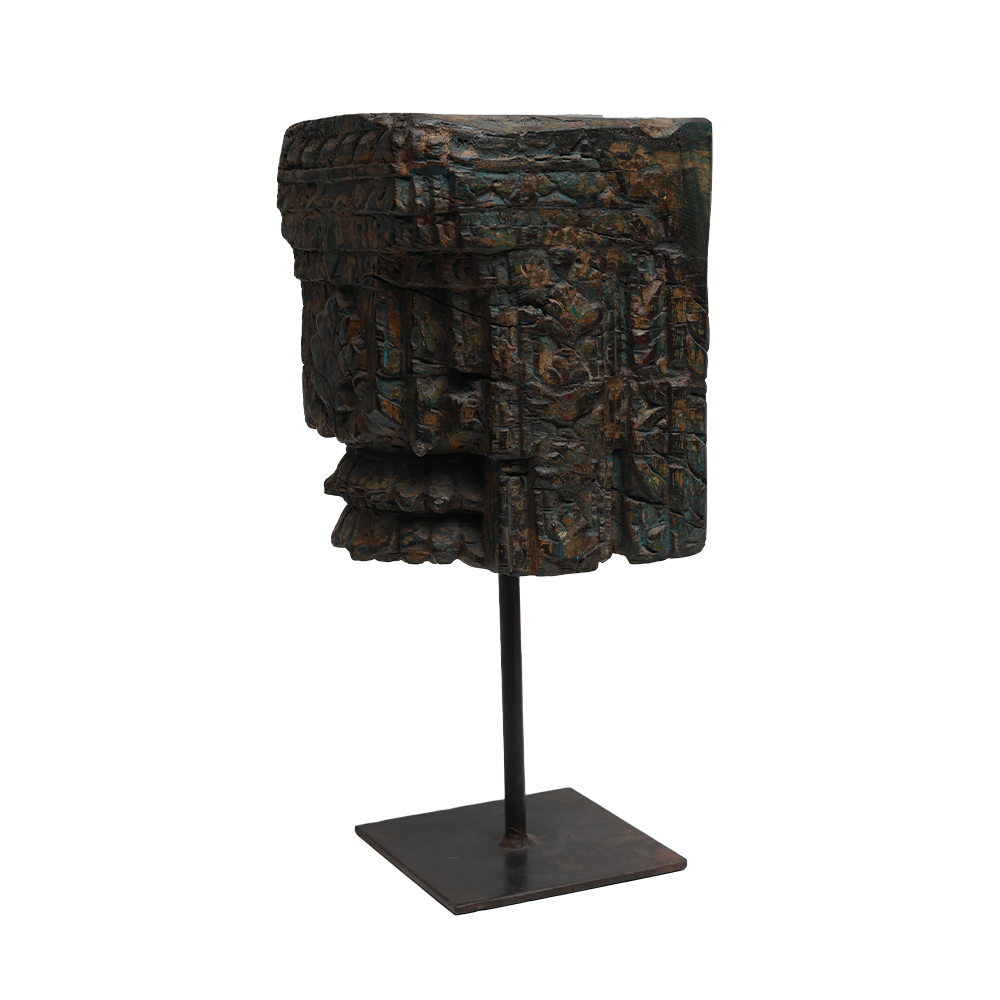 Nalanda Carved Candle Stand - Wood and Metal