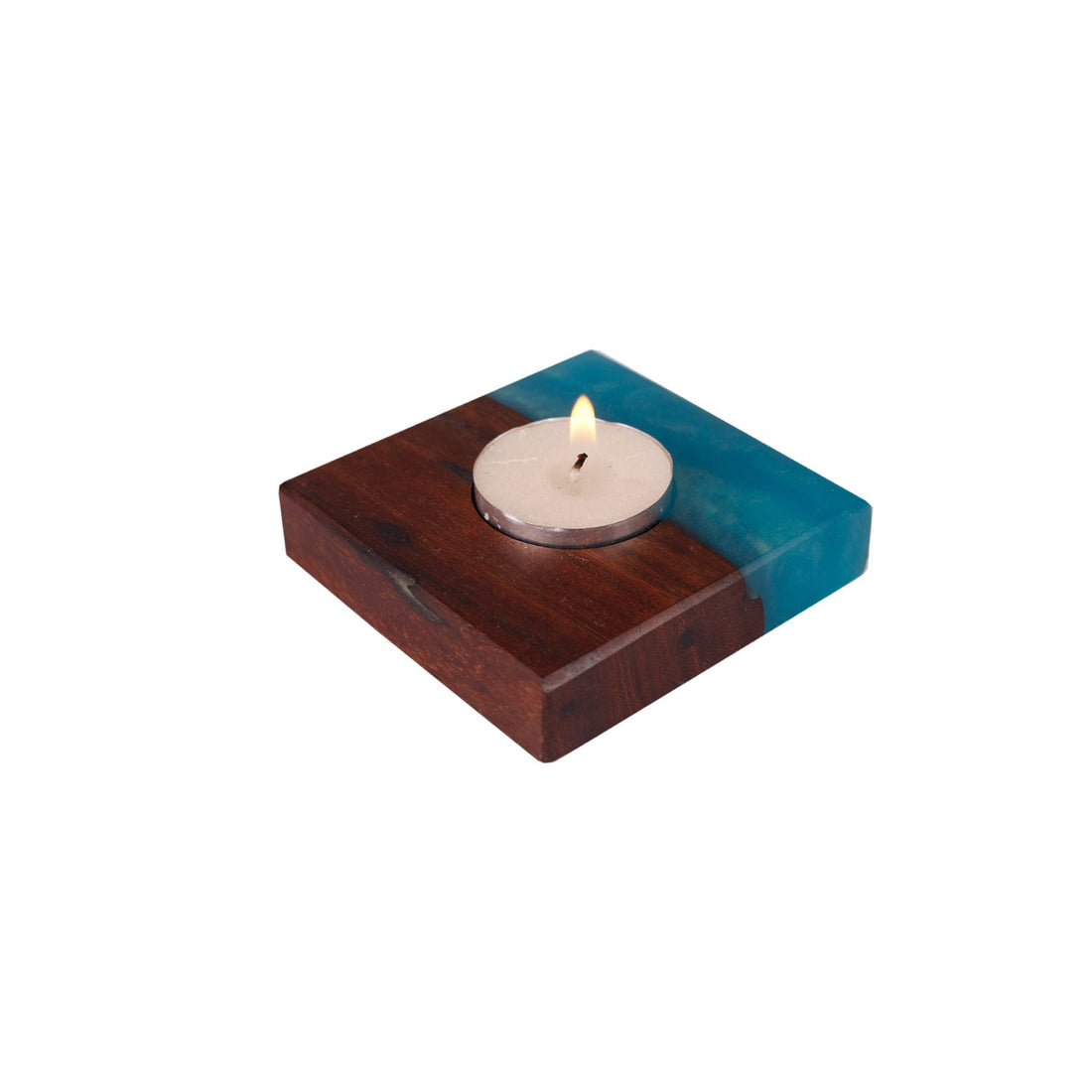 Lune Tea Light Holder - Blue in Wood and Resin