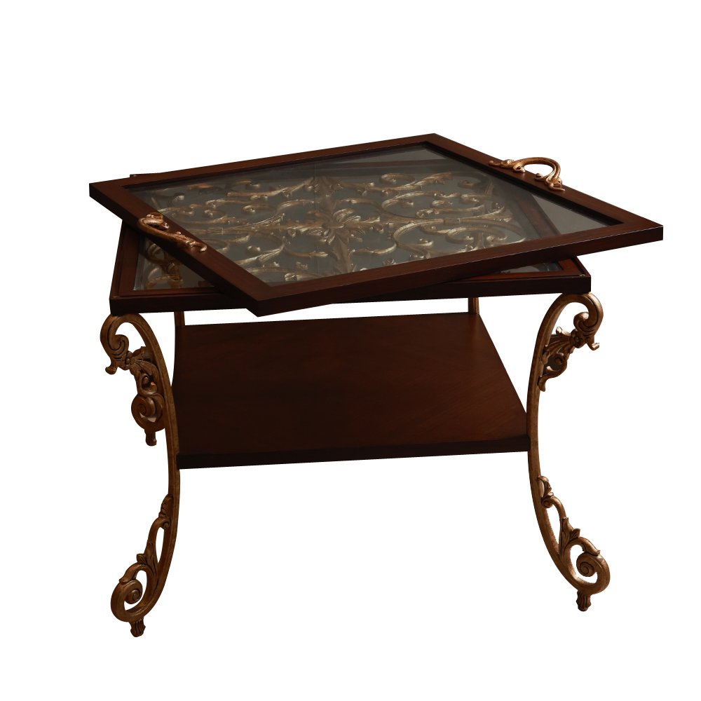 Table With Tray - Brown in Teak Wood and Metal