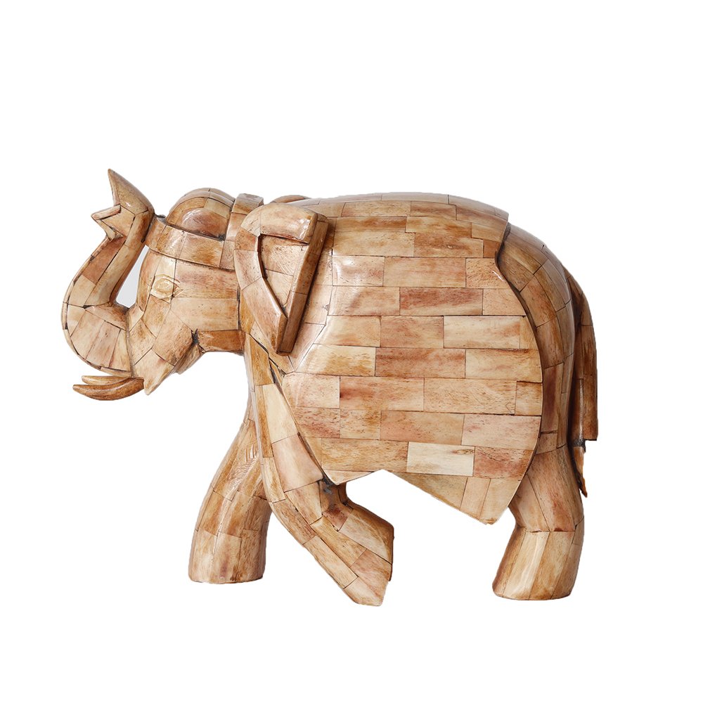 Elephant Sculpture – Beige in Wood and Bone Inlay