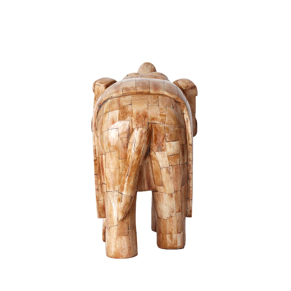 Elephant Sculpture – Beige in Wood and Bone Inlay