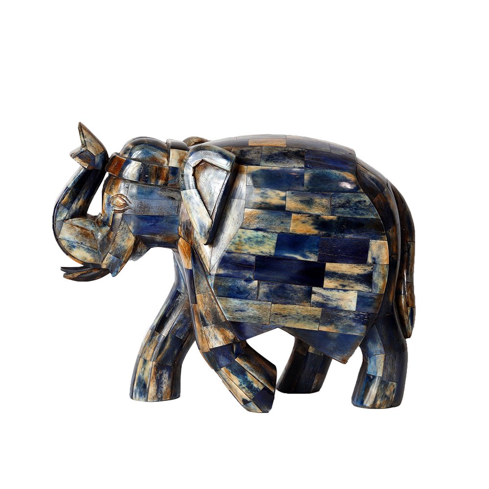 Elephant Sculpture – Blue in Wood and Bone Inlay