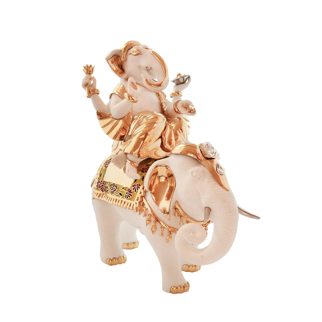 Ganesh on an elephant Idol - White in Resin and Gold Plated