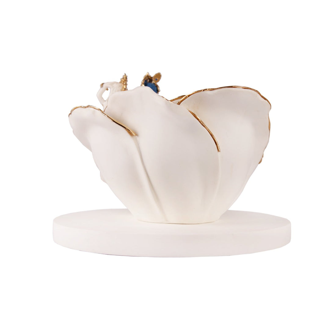 Radha Krishna Dancing On A Rose Idol - White in Gold Plated and Resin