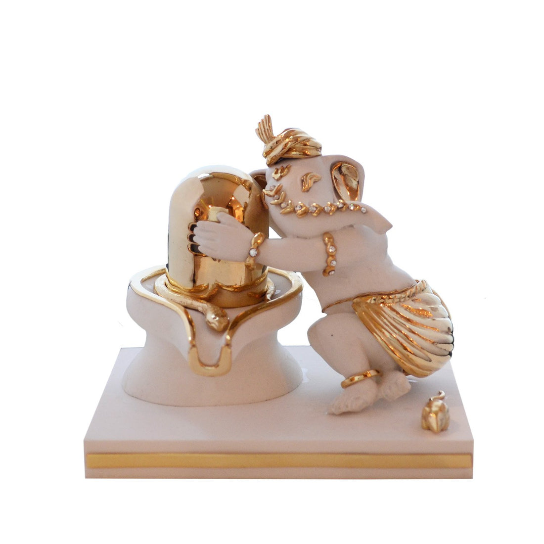 Ganesh with Shivling Idol - White in Resin and Gold Plated