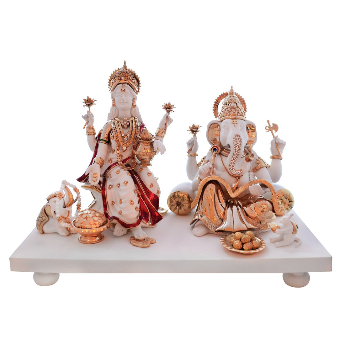 Laxmi Ganesh Idol - Large White in Resin and Gold Plated