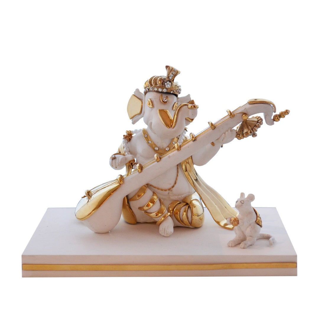 Ganesh Playing The Sitar Idol - White in Resin and Gold Plated