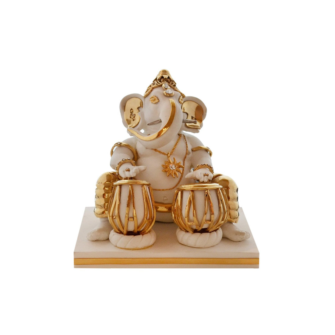Ganesh Playing The Tabla Idol - White in Resin and Gold Plated
