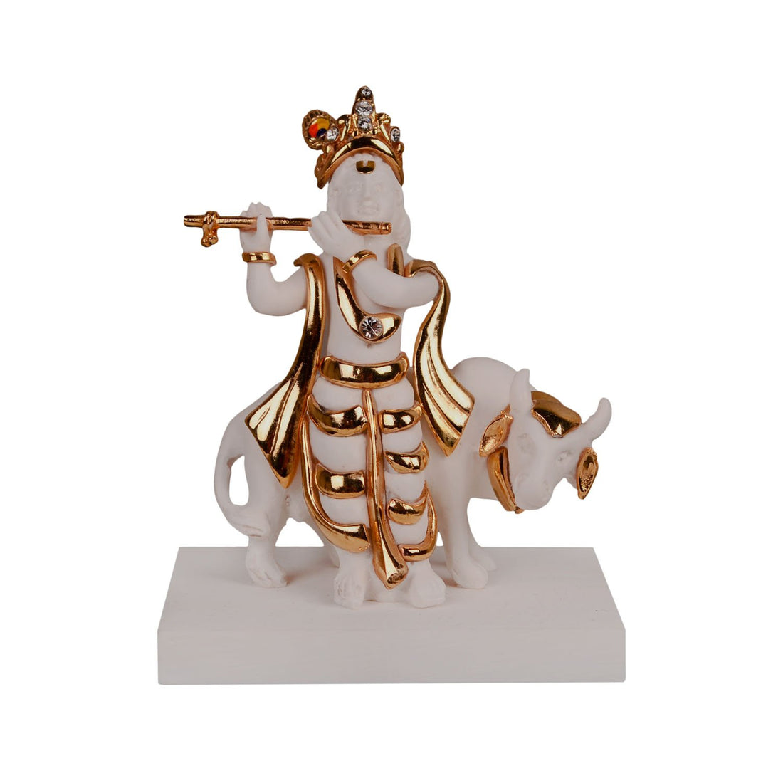 Krishna with Cow Idol - White in Resin and Gold Plated