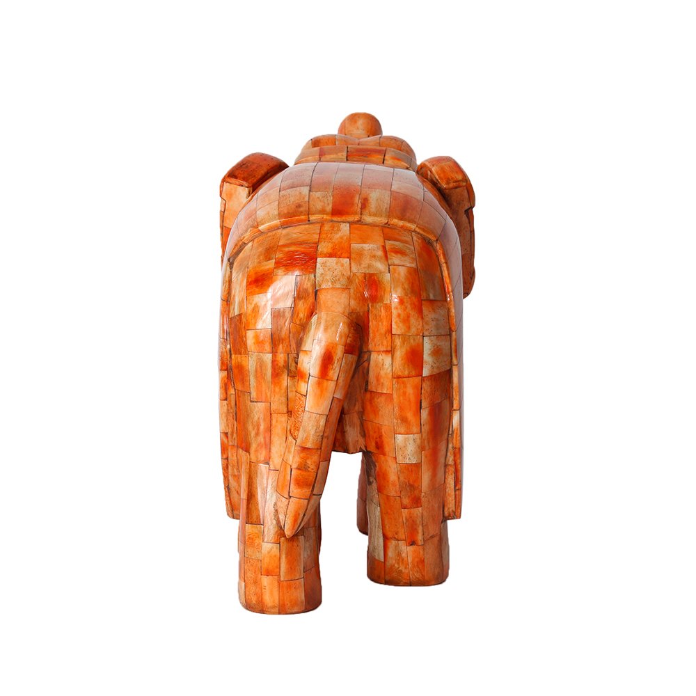 Elephant Sculpture - Orange in Wood And Bone Inlay