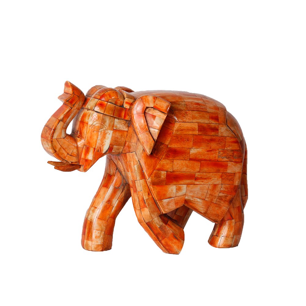 Elephant Sculpture - Orange in Wood And Bone Inlay