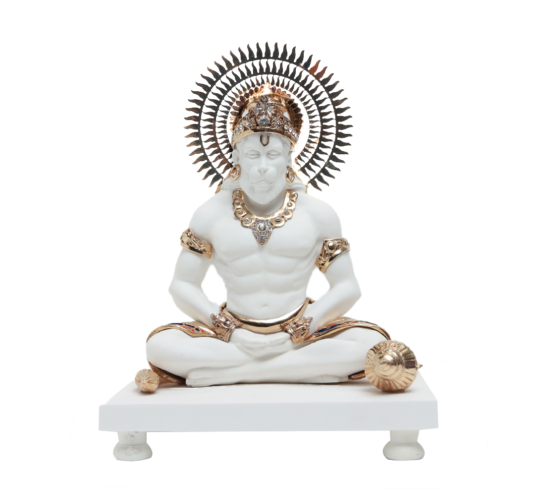 Meditating Hanuman Idol - White in Resin and Gold Plated