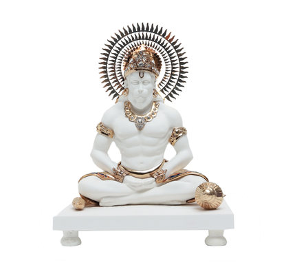 Meditating Hanuman Idol - White in Resin and Gold Plated