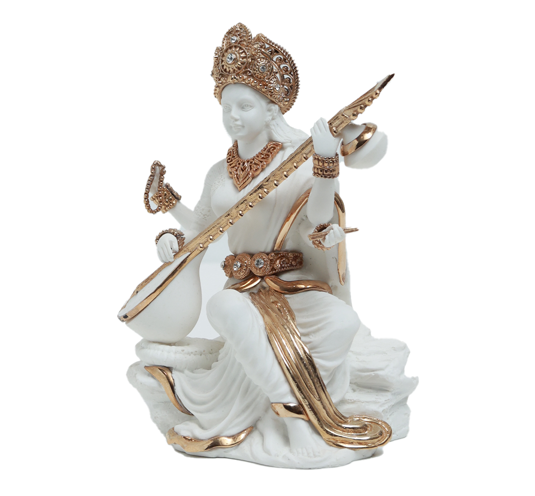 Saraswati Idol - White in Resin and Gold Plated