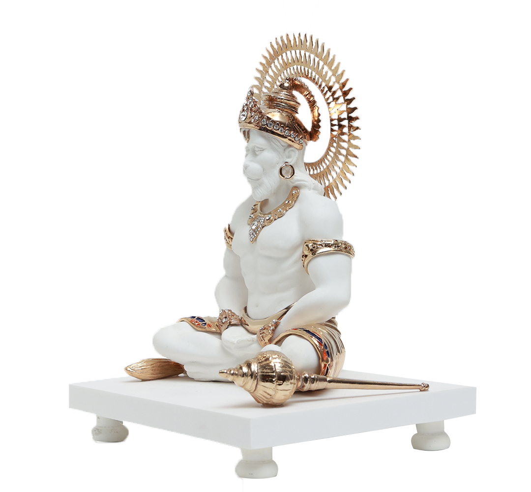 Meditating Hanuman Idol - White in Resin and Gold Plated