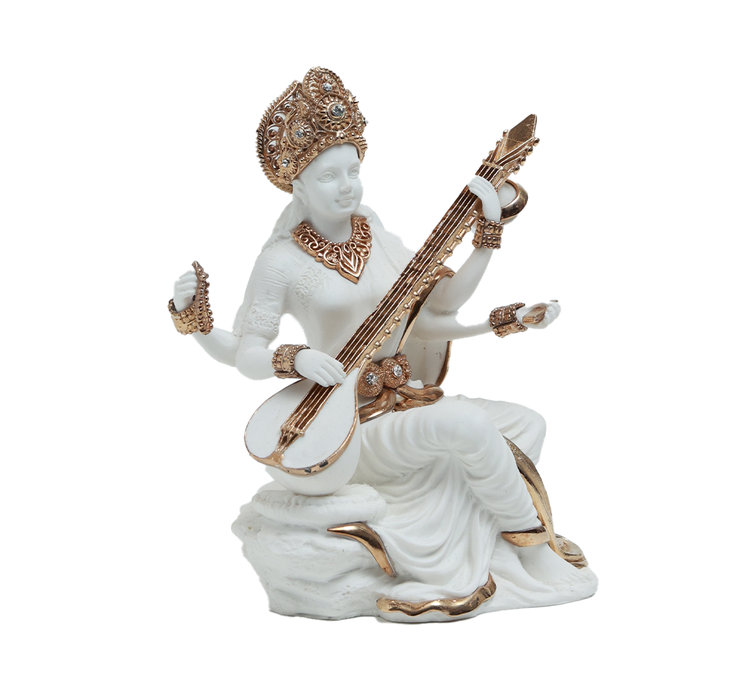 Saraswati Idol - White in Resin and Gold Plated